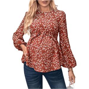 imageMakeMeChic Womens Maternity Shirt Floral Long Sleeve Belted Pregnancy Peplum Blouse TopRusty Brown