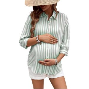 imageMakeMeChic Womens Maternity Shirts Blouses Striped Button Down 34 Sleeve Pregnancy Nursing TopGreen