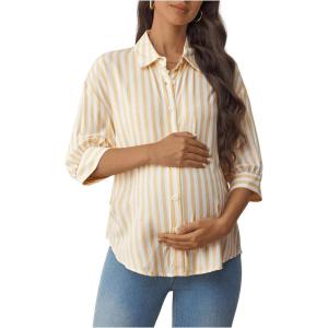 imageMakeMeChic Womens Maternity Shirts Blouses Striped Button Down 34 Sleeve Pregnancy Nursing TopYellow