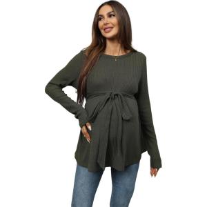 imageMakeMeChic Womens Maternity Shirts Casual Long Sleeve Tie Front Ribbed Knit Pregnancy Tee TopArmy Green