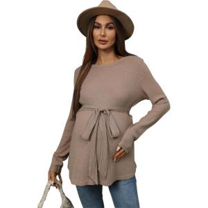 imageMakeMeChic Womens Maternity Shirts Casual Long Sleeve Tie Front Ribbed Knit Pregnancy Tee TopCamel