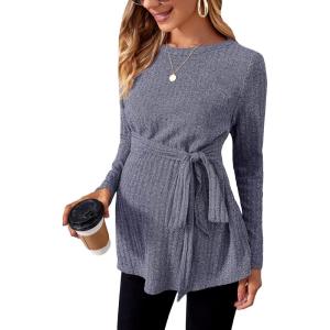 imageMakeMeChic Womens Maternity Shirts Casual Long Sleeve Tie Front Ribbed Knit Pregnancy Tee TopDusty Blue