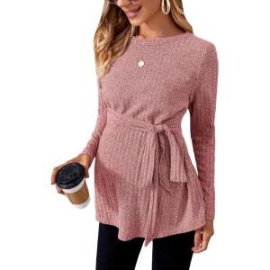 imageMakeMeChic Womens Maternity Shirts Casual Long Sleeve Tie Front Ribbed Knit Pregnancy Tee TopDusty Pink