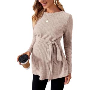 imageMakeMeChic Womens Maternity Shirts Casual Long Sleeve Tie Front Ribbed Knit Pregnancy Tee TopLight Khaki