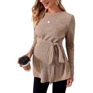 imageMakeMeChic Womens Maternity Shirts Casual Long Sleeve Tie Front Ribbed Knit Pregnancy Tee TopMocha Brown