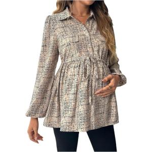 imageMakeMeChic Womens Maternity Shirts Long Sleeve Belted Button Down Casual Pregnancy Blouse TopsKhaki a