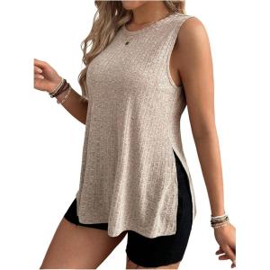 imageMakeMeChic Womens Maternity Shirts Rib Knitted Crew Neck Split Side Sleeveless Pregnancy Tank TopsApricot