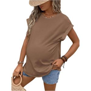 imageMakeMeChic Womens Maternity Shirts Round Neck Short Sleeve Maternity Tops Summer Pregnancy ClothesMocha Brown