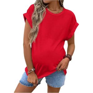 imageMakeMeChic Womens Maternity Shirts Round Neck Short Sleeve Maternity Tops Summer Pregnancy ClothesRed