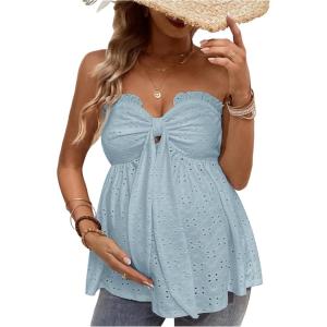 imageMakeMeChic Womens Maternity Summer Clothes Tube Tank Tops Eyelet Embroidery Strapless Cut Out Pregnancy ShirtsBlue a