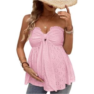 imageMakeMeChic Womens Maternity Summer Clothes Tube Tank Tops Eyelet Embroidery Strapless Cut Out Pregnancy ShirtsPink