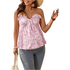 imageMakeMeChic Womens Maternity Summer Clothes Tube Tank Tops Eyelet Embroidery Strapless Cut Out Pregnancy ShirtsPink B