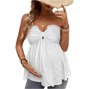 imageMakeMeChic Womens Maternity Summer Clothes Tube Tank Tops Eyelet Embroidery Strapless Cut Out Pregnancy ShirtsWhite