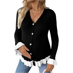 imageMakeMeChic Womens Maternity Sweater Color Block Bell Sleeve Button Down Ruffle Pregnancy CardiganBlack and White