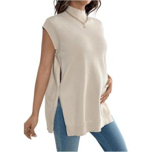 imageMakeMeChic Womens Maternity Sweater Vest Mock Neck Sleeveless Slit Hem Pregnancy Knit Sweater TopsApricot