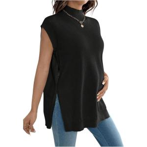 imageMakeMeChic Womens Maternity Sweater Vest Mock Neck Sleeveless Slit Hem Pregnancy Knit Sweater TopsBlack