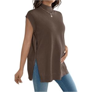 imageMakeMeChic Womens Maternity Sweater Vest Mock Neck Sleeveless Slit Hem Pregnancy Knit Sweater TopsBrown