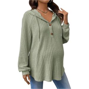 imageMakeMeChic Womens Maternity Sweatshirt Drawstring Button Long Sleeve Knitted Hoodie Pullover Sweater Pregnancy TopsArmy Green