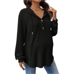 imageMakeMeChic Womens Maternity Sweatshirt Drawstring Button Long Sleeve Knitted Hoodie Pullover Sweater Pregnancy TopsBlack