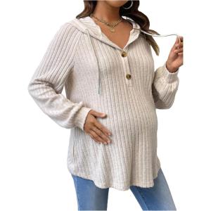 imageMakeMeChic Womens Maternity Sweatshirt Drawstring Button Long Sleeve Knitted Hoodie Pullover Sweater Pregnancy TopsKhaki