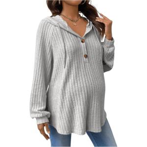 imageMakeMeChic Womens Maternity Sweatshirt Drawstring Button Long Sleeve Knitted Hoodie Pullover Sweater Pregnancy TopsLight Grey