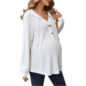 imageMakeMeChic Womens Maternity Sweatshirt Drawstring Button Long Sleeve Knitted Hoodie Pullover Sweater Pregnancy TopsWhite
