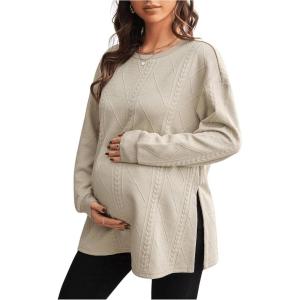 imageMakeMeChic Womens Maternity Sweatshirt Round Neck Long Sleeve Split Hem Pregnancy Pullover TopsKhaki