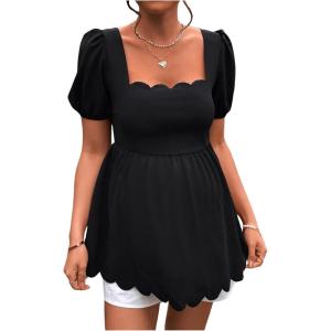 imageMakeMeChic Womens Maternity T Shirts Scallop Square Neck Puff Sleeve Casual Pregnancy TopsBlack
