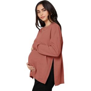 imageMakeMeChic Womens Maternity TShirt Long Sleeve Split Side Pregnancy Tee TopsRedwood