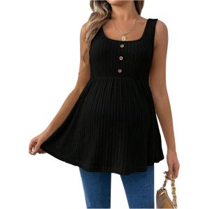 imageMakeMeChic Womens Maternity Tank Tops Summer Rib Knitted Flared Hem Sleeveless Buttoned Pregnancy Shirt TopsBlack