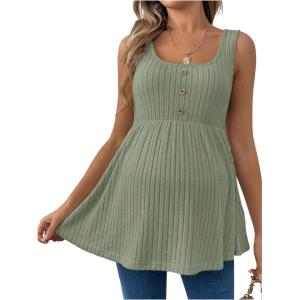 imageMakeMeChic Womens Maternity Tank Tops Summer Rib Knitted Flared Hem Sleeveless Buttoned Pregnancy Shirt TopsOlive Green