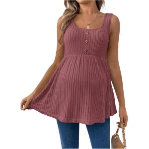 imageMakeMeChic Womens Maternity Tank Tops Summer Rib Knitted Flared Hem Sleeveless Buttoned Pregnancy Shirt TopsRedwood