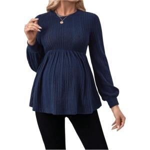 imageMakeMeChic Womens Maternity Tee Shirt Crew Neck Rib Knitted Long Sleeve Peplum TopsBlue