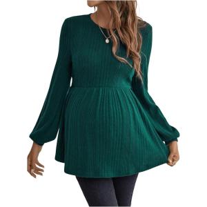 imageMakeMeChic Womens Maternity Tee Shirt Crew Neck Rib Knitted Long Sleeve Peplum TopsDark Green
