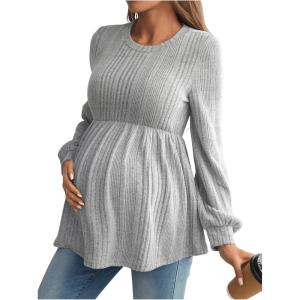 imageMakeMeChic Womens Maternity Tee Shirt Crew Neck Rib Knitted Long Sleeve Peplum TopsLight Grey