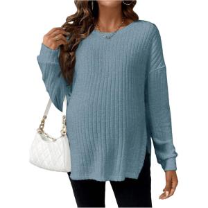 imageMakeMeChic Womens Maternity Tee Shirt Long Sleeve Round Neck Split Hem Rib Knitted Pregnancy TopsBlue