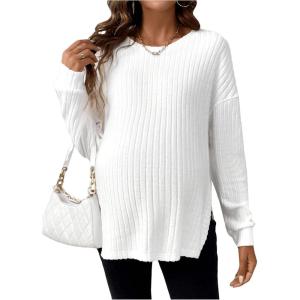 imageMakeMeChic Womens Maternity Tee Shirt Long Sleeve Round Neck Split Hem Rib Knitted Pregnancy TopsWhite