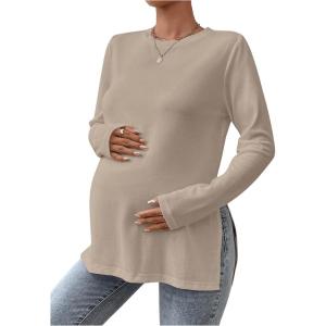 imageMakeMeChic Womens Maternity Tee Shirt Long Sleeve Slit Hem Round Neck Casual Pregnancy TopsApricot