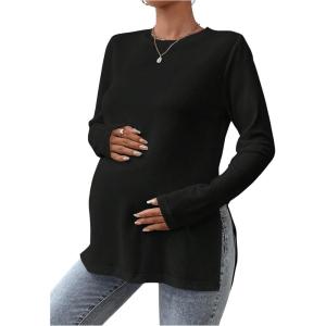 imageMakeMeChic Womens Maternity Tee Shirt Long Sleeve Slit Hem Round Neck Casual Pregnancy TopsBlack