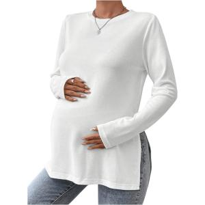 imageMakeMeChic Womens Maternity Tee Shirt Long Sleeve Slit Hem Round Neck Casual Pregnancy TopsWhite