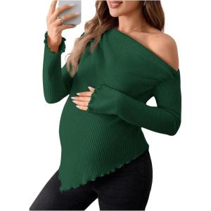 imageMakeMeChic Womens Maternity Tops One Shoulder Ruched Asymmetrical Lettuce Trim Pregnancy Rib Knit Tee ShirtDark Green