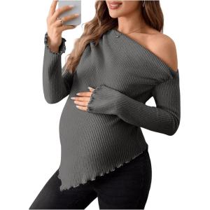 imageMakeMeChic Womens Maternity Tops One Shoulder Ruched Asymmetrical Lettuce Trim Pregnancy Rib Knit Tee ShirtDark Grey