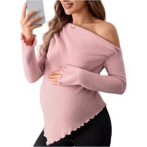 imageMakeMeChic Womens Maternity Tops One Shoulder Ruched Asymmetrical Lettuce Trim Pregnancy Rib Knit Tee ShirtPink