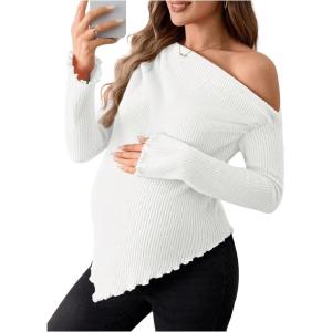 imageMakeMeChic Womens Maternity Tops One Shoulder Ruched Asymmetrical Lettuce Trim Pregnancy Rib Knit Tee ShirtWhite