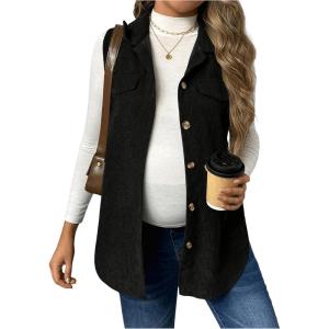 imageMakeMeChic Womens Maternity Vest Jacket Corduroy Sleeveless Button Down Jackets BlazerBlack