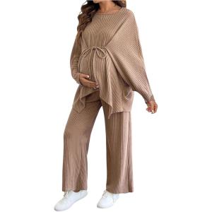 imageMakeMeChic Womens Two Piece Sets Crew Neck Dolman Sleeve Tie Front Tops and Pants Pregnancy OutfitKhaki