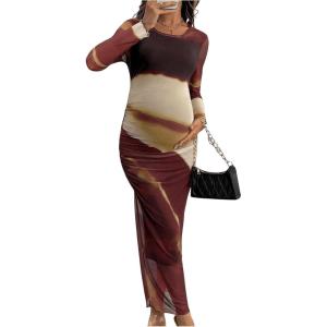 imageMakeMeChic Womens Maternity Dress Tie Dye Mesh Ruched Long Sleeve Bodycon Maxi Fall DressesCoffee
