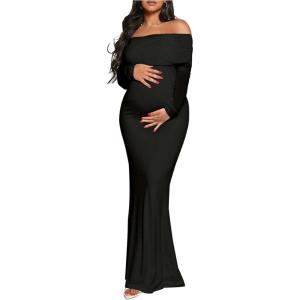 imageMakeMeChic Womens Maternity Dresses Off The Shoulder Ruched Long Sleeve Pregnancy Maxi DressesBlack