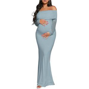 imageMakeMeChic Womens Maternity Dresses Off The Shoulder Ruched Long Sleeve Pregnancy Maxi DressesBlue