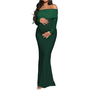 imageMakeMeChic Womens Maternity Dresses Off The Shoulder Ruched Long Sleeve Pregnancy Maxi DressesDark Green